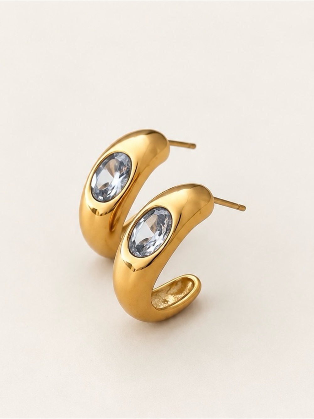 Anthropologie Style 18K Gold Plated Crystal Chunky Hoop Earrings Stainless Steel